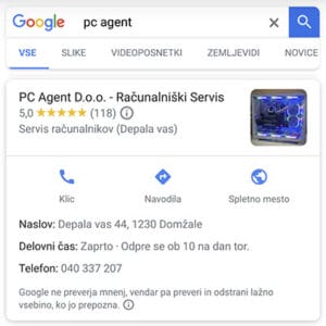 Optimizacija Google Profil za Podjetje PC Agent